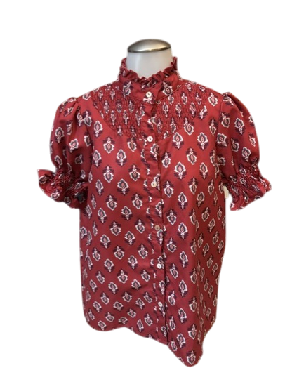 Women's Burgundy Boho Print Smocked Ruffle Neck Blouse Size Medium