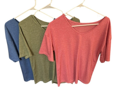 Women's Essential V-Neck Tee Bundle – Set of 3 (Blue, Pink & Army Green) Size Medium