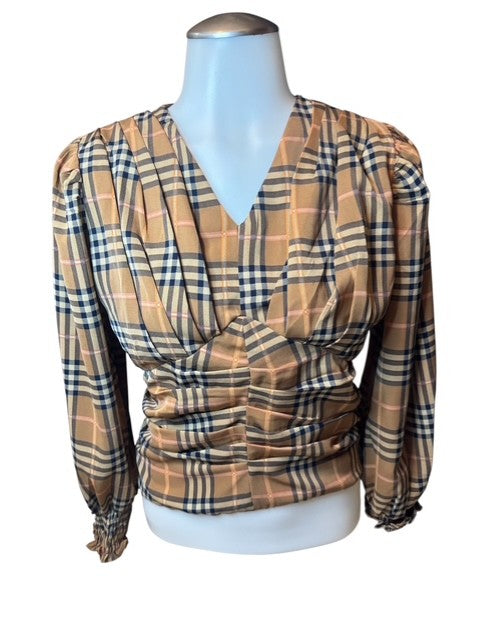 Women’s Small Beige Plaid Ruched Long Sleeve Blouse Top