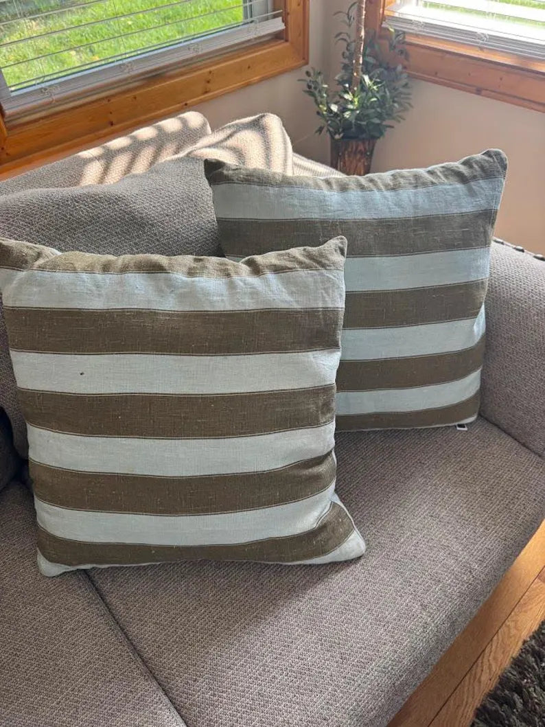 Blue and Brown Paisley and Striped Farmhouse Throw Pillow Covers 18x18 Set of 4