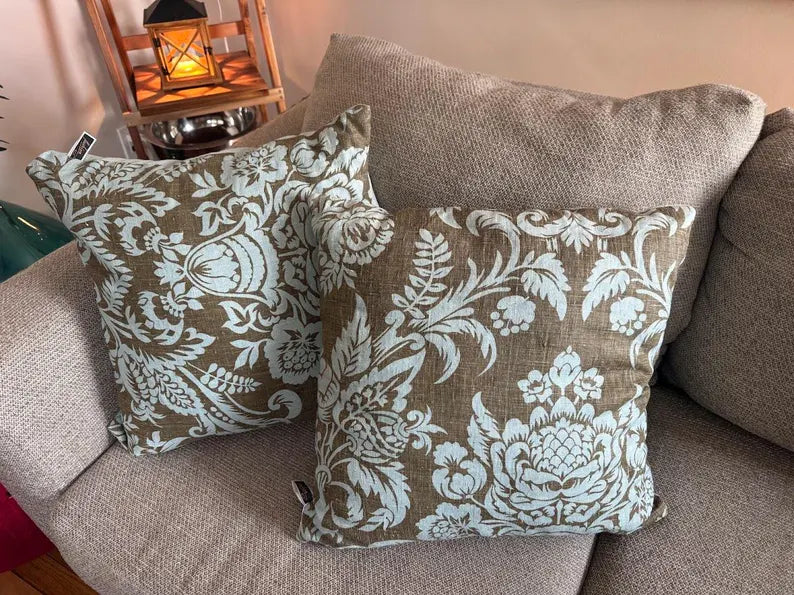 Blue and Brown Paisley and Striped Farmhouse Throw Pillow Covers 18x18 Set of 4