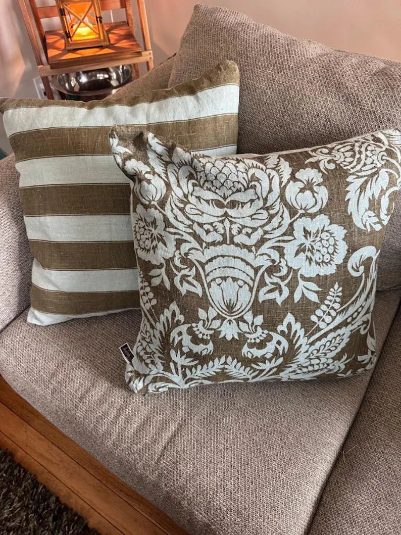 Blue and Brown Paisley and Striped Farmhouse Throw Pillow Covers 18x18 Set of 4
