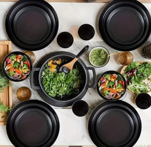 Black Plastic Dinnerware Set: 32-Piece Reusable Eco-Friendly Tableware