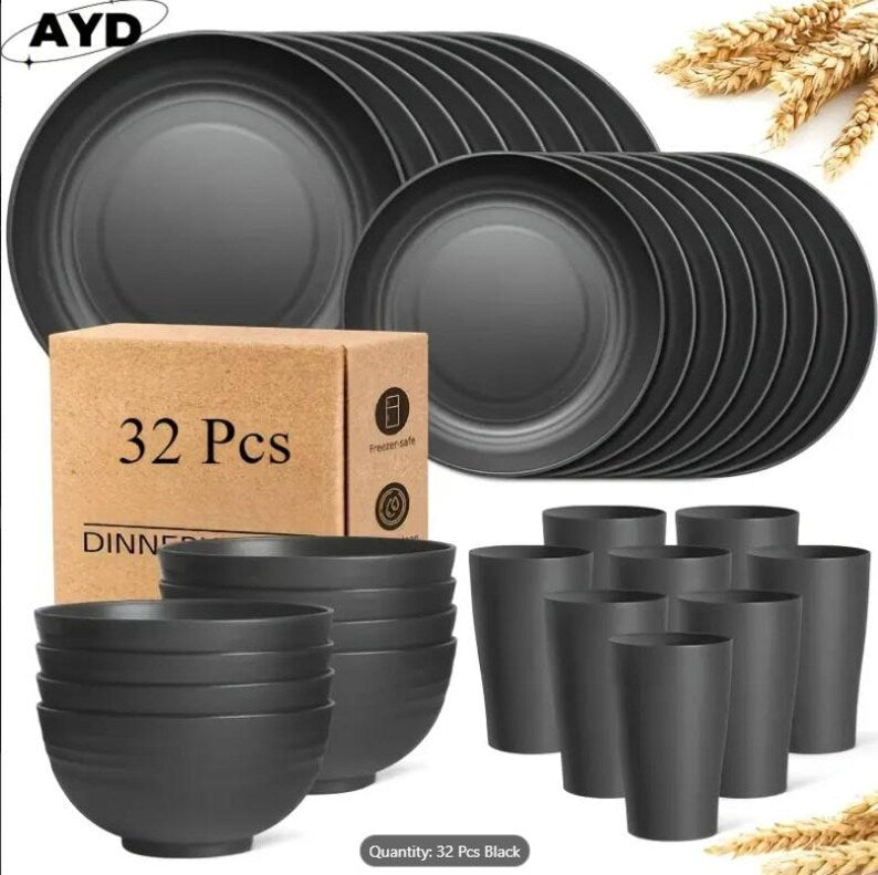 Black Plastic Dinnerware Set: 32-Piece Reusable Eco-Friendly Tableware