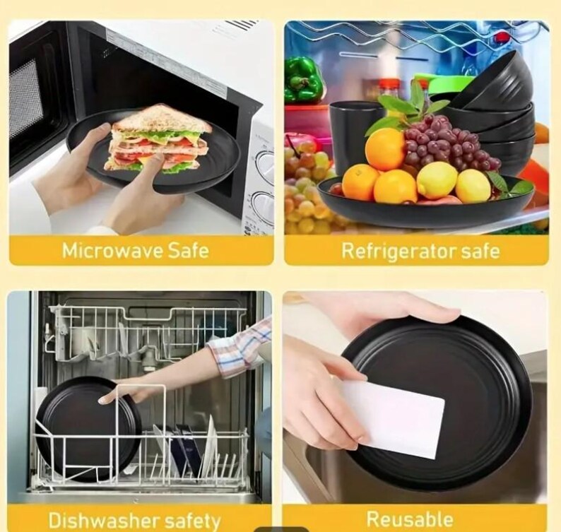Black Plastic Dinnerware Set: 32-Piece Reusable Eco-Friendly Tableware