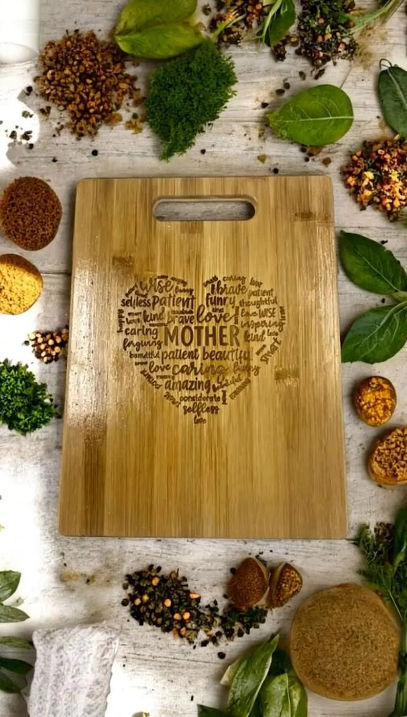 Engraved Bamboo Cutting Board: 'Mother' Word Art, Kitchen Decor 07.04