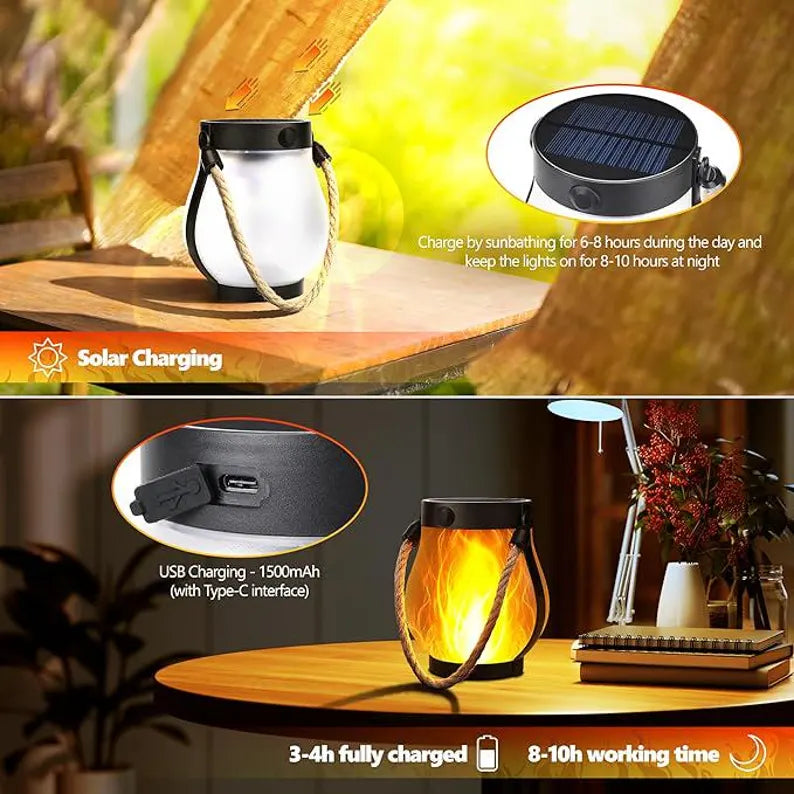 Waterproof Solar Lantern with Dancing Flame & Hemp Rope