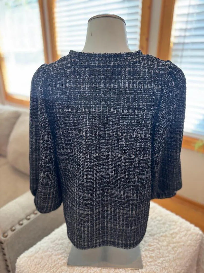 Anne Klein Women’s Black, White & Metallic Long Sleeve Top – Size Small