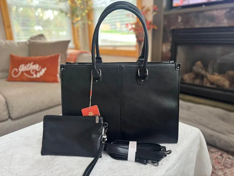 LOVEVOOK Leather Laptop Tote Bag Set: 15.6" Briefcase & Cosmetic Pouch