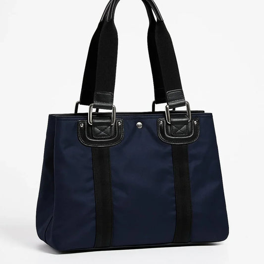 Franco Sarto Structured Nylon Tote Bag – Navy & Black Shoulder Bag w/ Leather Trim