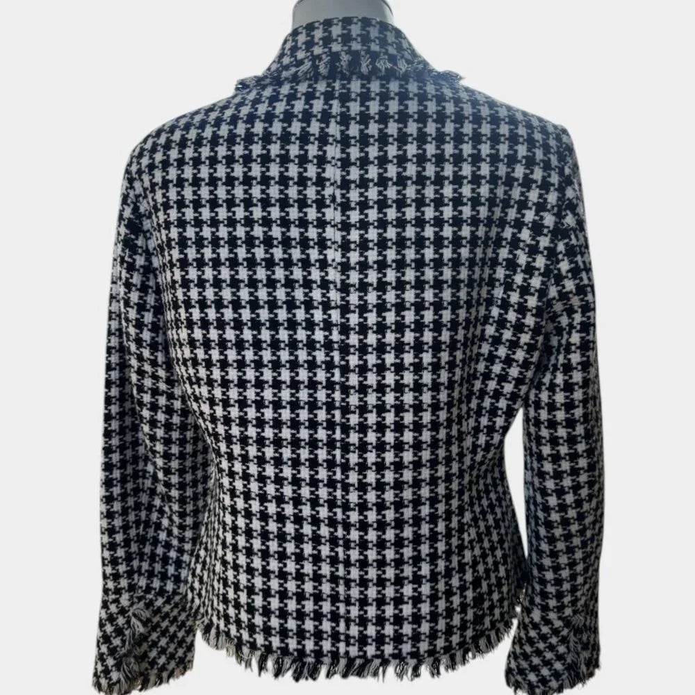 Elyse Hart Ltd Black & White Houndstooth Blazer Jacket – Fringe Trim (Size 10)