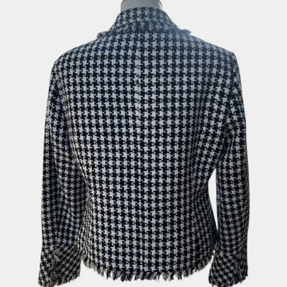 Elyse Hart Ltd Black & White Houndstooth Blazer Jacket – Fringe Trim (Size 10)