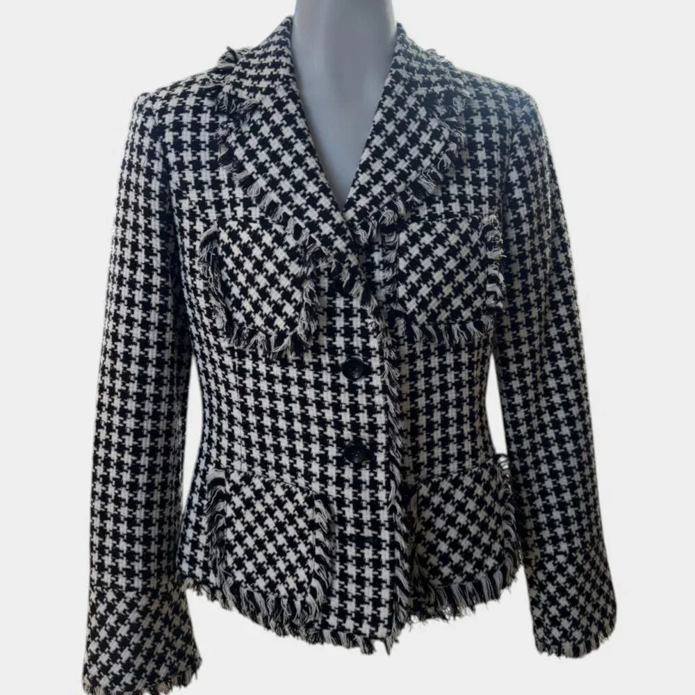 Elyse Hart Ltd Black & White Houndstooth Blazer Jacket – Fringe Trim (Size 10)