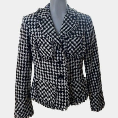 Elyse Hart Ltd Black & White Houndstooth Blazer Jacket – Fringe Trim (Size 10)