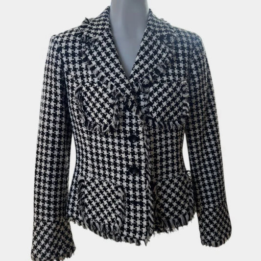 Elyse Hart Ltd Black & White Houndstooth Blazer Jacket – Fringe Trim (Size 10)