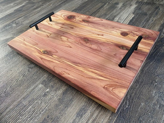 Handcrafted Cedar Serving Board with Black Metal Handles – Rustic Wood Charcuterie Tray