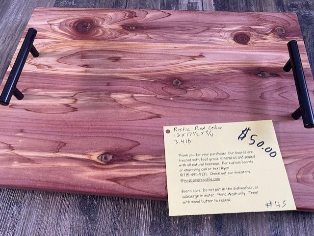 Handcrafted Cedar Serving Board with Black Metal Handles – Rustic Wood Charcuterie Tray