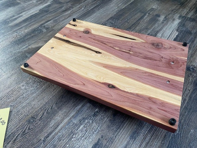 Handcrafted Cedar Serving Board with Black Metal Handles – Rustic Wood Charcuterie Tray