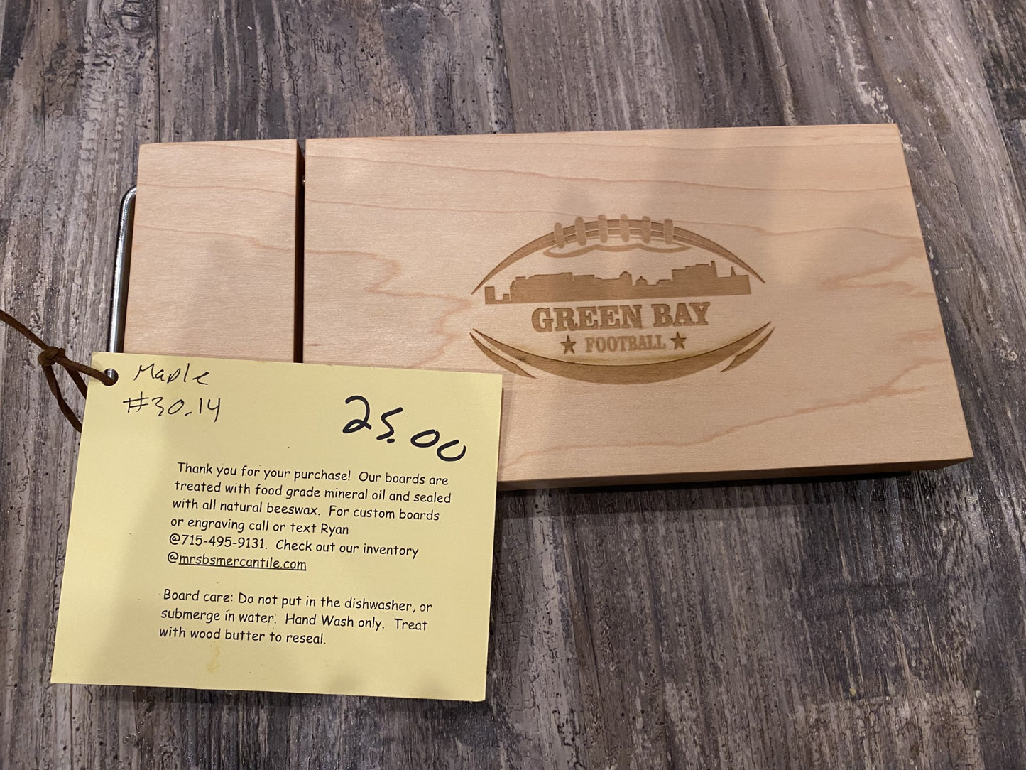 Green Bay Football Engraved Maple Cheese Slicer Board – Handmade by Timber to Table (7.5x12.5") 07.30.14
